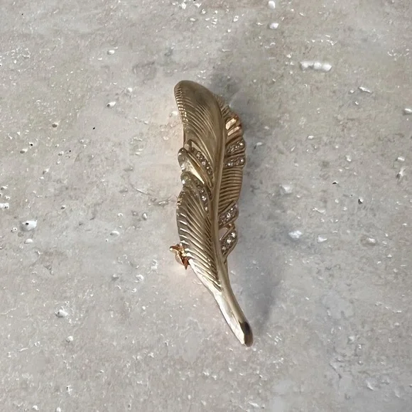 CHRISTIAN DIOR Brooch Pin Jewelry Gold Rhinestones Feather